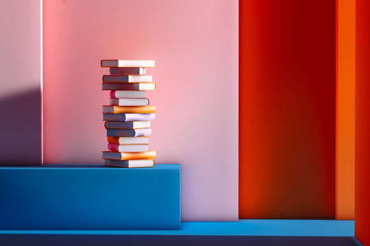 Book stack on a blue platform