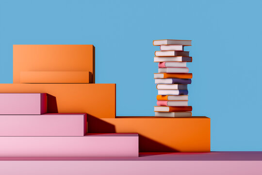 Book stack on colorful platform