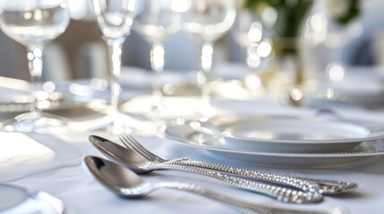 Elegant Table Setting with Silverware and White Plates