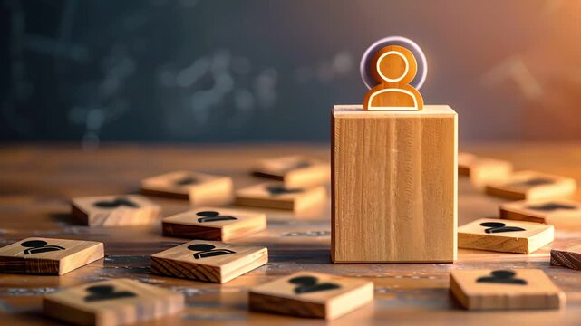 Wooden blocks with person icons, one block elevated with a glowing icon, representing leadership, success