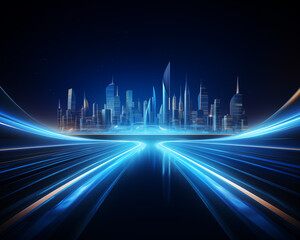 Abstract blue cityscape with lines and light effects