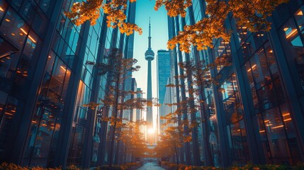 Cityscape with Skyscrapers and Fall Foliage