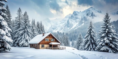 Cozy house in frozen landscape amidst snow-covered trees and mountains during blizzard, winter, cozy, house, frozen, landscape
