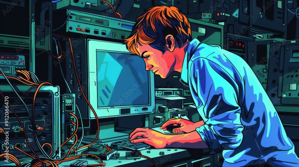 Poster cartoon vector person building a computer from components
