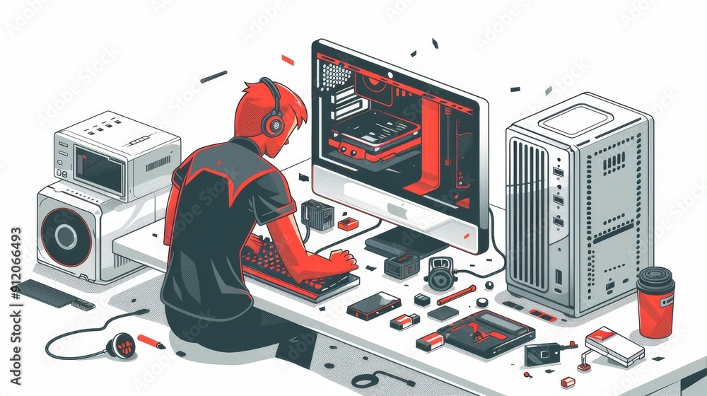 Poster cartoon vector person building a computer from components