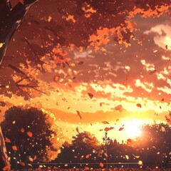 Autumn's Last Embers: A High-Definition Hand-Drawn Image of the Cozy Sunset Glow in an Autumn Landscape, Capturing the Temptation of the Season with Fiery Leaves and the Comfort of Evening
