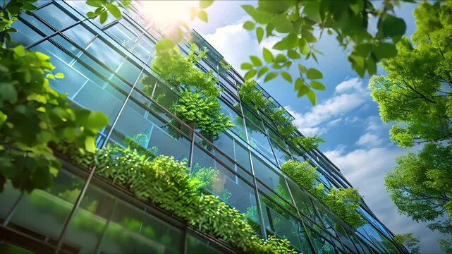 A modern glass building with green plants growing on the facade, symbolizing sustainability and nature integration.