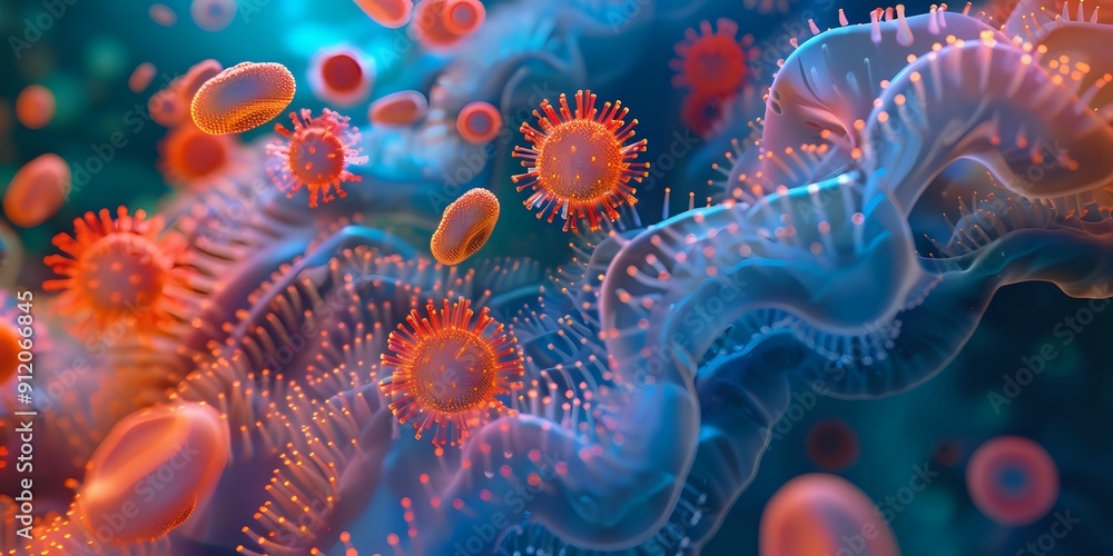 Poster microscopic view of viruses and cells in a colorful and abstract world