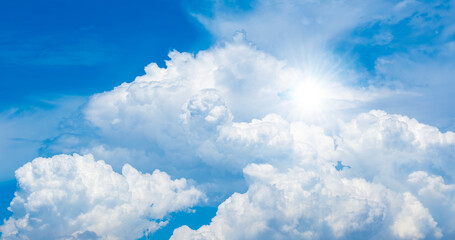 Panorama of cloud clear sky background for summer vacation concept at ocean and summer sea water...