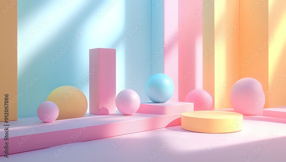 Poster pastel geometric shapes create a modern and minimal product display on pink background