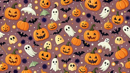 Fototapeta premium Seamless background pattern with Halloween elements like pumpkins, witches, ghosts, and bats, Halloween, seamless, background