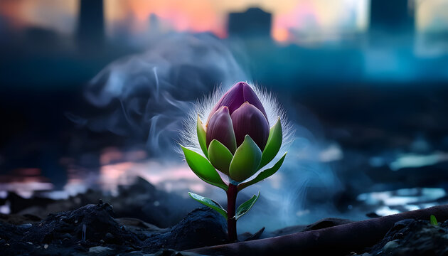 primer plano de un capullo de flor vibrante con varias hojas verdes en su base, a punto de florecer en un ambiente urbano contaminado, hostil 