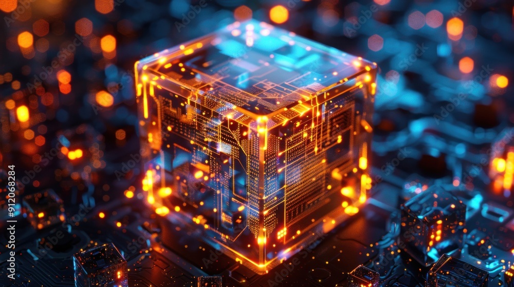 Poster glowing circuitry cube in futuristic tech scene