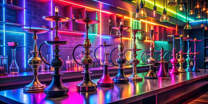 Neon-lit bar with hookah pipes, creating an enchanting oasis for shisha lovers, Neon lights, hookah, oasis, bar
