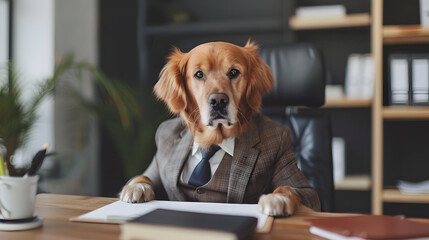 Family dog is working in office. Pet in corporate business environment. Dressed in suit and tie working with paperwork. Funny humor as animal sits behind boss desk. Pet friendly office.