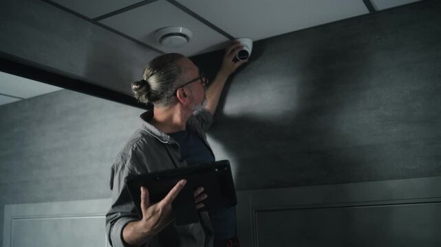 Male mature installer uses tablet computer with professional software to set up surveillance camera in office space, adjusts the angle. Monitoring and tracking. Security and CCTV system. Zoom Out.