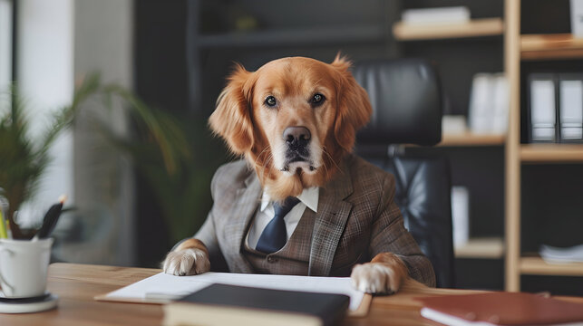 Family dog is working in office. Pet in corporate business environment. Dressed in suit and tie working with paperwork. Funny humor as animal sits behind boss desk. Pet friendly office.