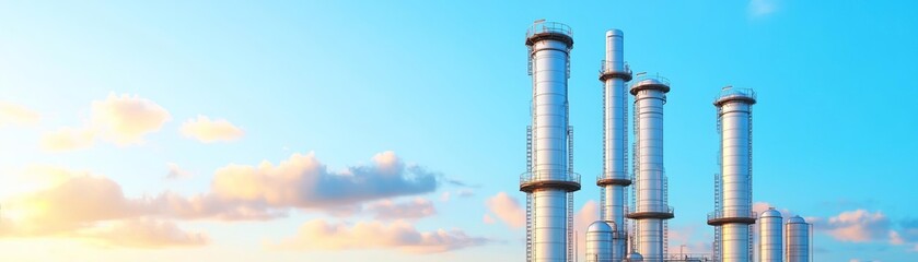 Obraz premium Oil processing, large distillation towers, 3D Style illustration