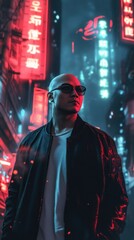 Obraz premium Man with glasses poses boldly amidst neon lights.