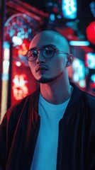 Obraz premium Stylish man with glasses amidst neon urban lights.