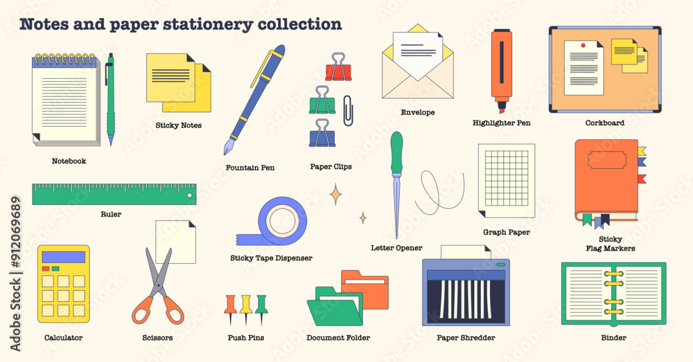 Poster notes and office paper stationery elements in neubrutalism collection set. labeled elements with off