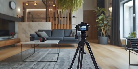 Camera on Tripod in Modern Living Room with Grey Sofa and Coffee Table