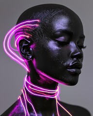 Profile of head wrapped in neon light lines and patterns