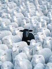 Fototapeta premium Flock of Sheep in Snowy Winter Pasture