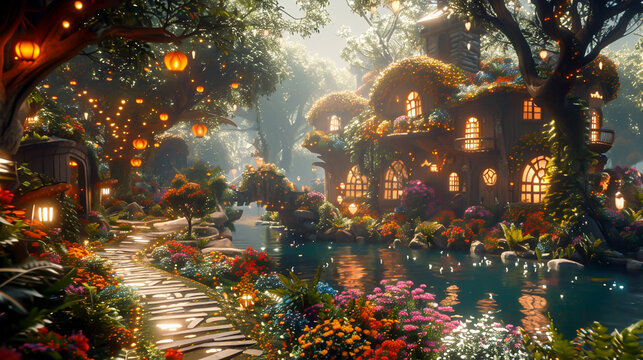 Imaginative computer game world with magical elements and vibrant scenes, front view, showcasing enchanted gameplay, digital tone, Triadic Color Scheme