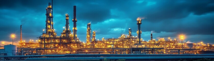 Fototapeta premium Giant oil refinery complex with illuminated machinery and pipelines at night, emphasizing industrial scale, oil processing, refinery operations