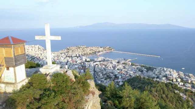 Kavala Monument Mountain View, Aerial Dolly Shot City Overview Panoramic Scenic Greece