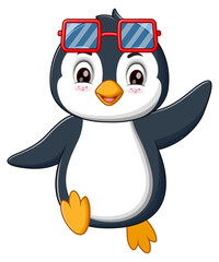 Smiling penguin in red sunglasses waving, suitable for children books, summer themed designs, greeting cards, and social media posts