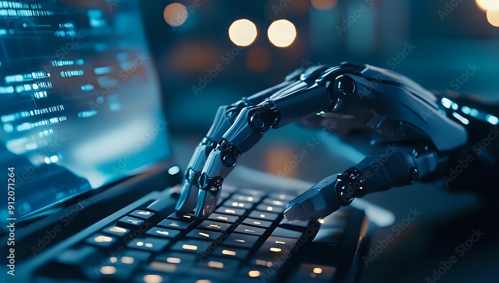 Poster a robotic hand typing on a keyboard, a symbol of the future of technology and automation