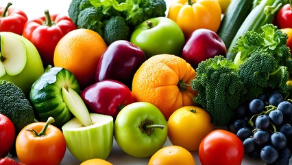 A colorful assortment of fruits and vegetables, including apples, oranges