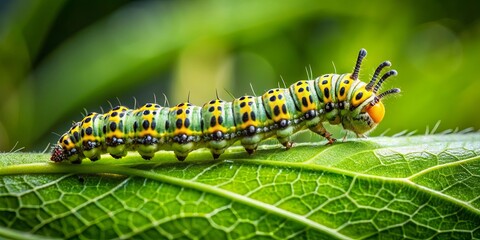 Fototapeta premium Caterpillar crawling on a green leaf, caterpillar, insect, nature, close-up, macro, wildlife, green, plant, garden, outdoors