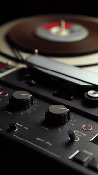 Vertical View, Recording Audio on Reel to Reel Tape on Professional Magnetophone, Close Up