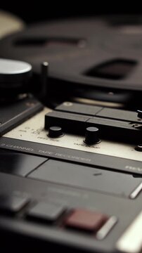 Vertical 4k. Audio Tape Reels Spinning During Playback or Recording in Professional Magnetophone