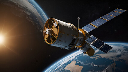 Obraz premium spaceship and earth, Streamlined satellite Design: Enhancing Connection with Earth