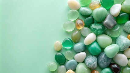 Natural matte stones aventurine and jade creating a calming surface, set against light green wallpapers , stones, natural