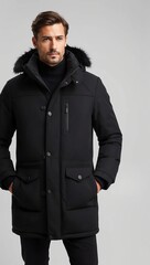 Obraz premium man in black winter coat on white plain background pictorial model shoot portrait