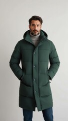 man in green winter coat on white plain background pictorial model shoot portrait