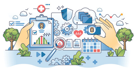 Health information management and online healthcare system outline concept. Database platform with patient profile about diagnosis, treatment, prescriptions and medications vector illustration.