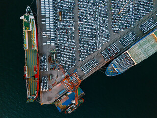 Top View of Docked Cargo Ships and Cars at Port