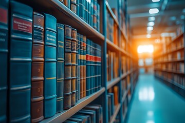 Vintage Books on Shelves in a Library with Sunlight Streaming In