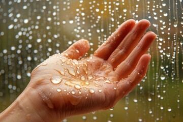 Fototapeta premium Elegant female hand delicately reaching out to catch raindrops in a tranquil shower