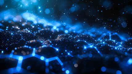 Glowing blue hexagonal network expands across a dark background, symbolizing technological growth and interconnectedness