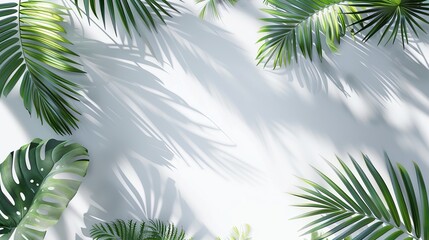 Fototapeta premium White background with tropical foliage shadows. Summer tropical travel concept