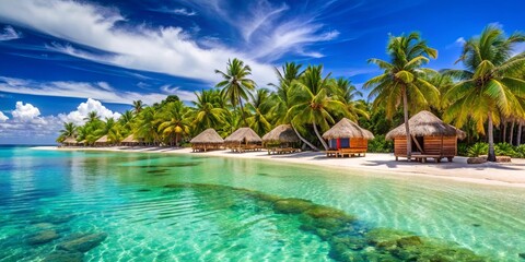 Obraz premium Tropical paradise escape with white sandy beach, palm trees, crystal clear water, and colorful huts, paradise