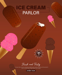 Strawberry and chocolate ice cream vector illustration. Icecream parlor discount offer design.