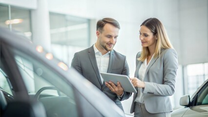 Dealer explaining car features to potential buyer
